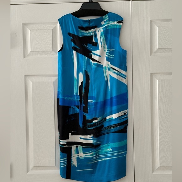 St. John Brushstroke Stretch Silk Charmeuse Draped Dress Cyan Multi 6 Bateau - Picture 4 of 4